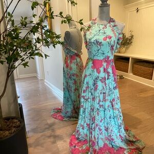 Floral Halter Maxi Dress - Blue and Pink
